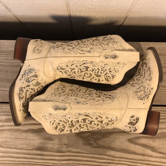 Crysigne Rhinestones and Glitter Womens Cream Western Boots US 8 - Picture 6 of 12